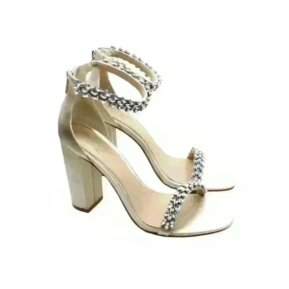 Crystal-Embellished White Block Heel Sandals - Picture 3 of 8
